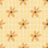 Summer seamless pattern with orange daisy flowers. Pastel light orange background with check. vector