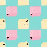 Contrast seamless pattern with doodle village elements. Pink and yellow houses on blue background. vector