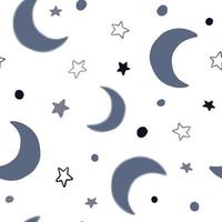 Cute moon and stars on sky seamless pattern on white background. vector