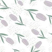 Isolated seamless doodle pattern with tulip simple silhouettes. Light purple flower buds on white background with splashes. vector