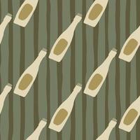 Diagonal bottle ornament seamless pattern. Doodle hand drawn acohol shapes in beige tones on stripped background. vector