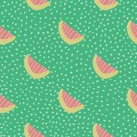 Waterlemon slices seamless doodle pattern. Fruit shapes in pink color on light turquoise background with dots. vector