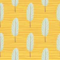 Abstract botanic seamless leaf pattern. Floral silhouettes in light blue color on yellow background with strips. vector