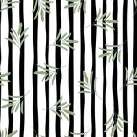 Random green colored simple leaf branches silhouettes seamless pattern. Black and white striped background. vector