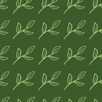 Olive green palette seamless pattern with hand drawn contoured leaf branches ornament. vector