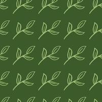 Olive green palette seamless pattern with hand drawn contoured leaf branches ornament. vector