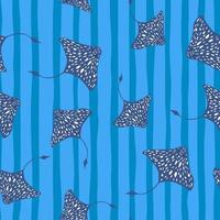 Tropical seamless marine pattern with navy blue random spotted stingray shapes. Blue striped background. vector