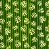 Botanic seamless jungle pattern with random little monstera shapes. Green striped background. Doodle style. vector