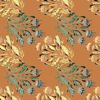 Autumn tones seamless pattern with doodle folk bouquet ornament in beige and blue colors. Brown background. vector