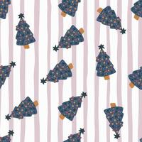 Seamless random pattern with navy blue new year tree toy shapes. Decorative kids print on background with purple and white strips. vector