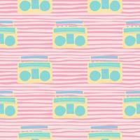 Blue and yellow tape recorder bright seamless doodle pattern. Pink stripped background. Stylized disco print. vector