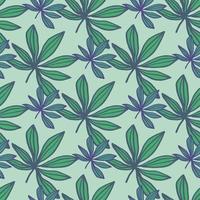 Geometric marijuana doodle seamless pattern. Hand drawn drug ornament and background in green and blue tones. vector