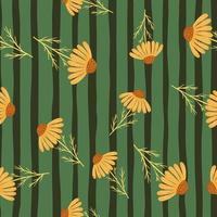 Abstract random seamless pattern with orange chamomile flowers print. Green striped background. vector