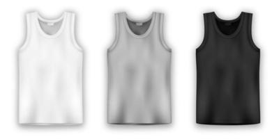 Set of tank top in white, gray and black colors. Men vest underwear. vector