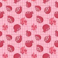 Nature seamless pattern with garnets and branches with berries ornament. Pink and lilac colored artwork with chequered background. vector