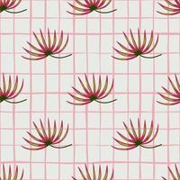 Pink abstract tropic bush ornament seamless pattern. Grey chequered background. Floral backdrop. vector