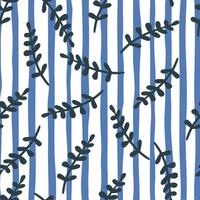 Scrapbook tropic branches elements seamless pattern in doodle style. Blue and white striped background. vector