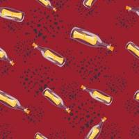 Seamless pattern with random purple and yellow colored bottle with message print. Maroon background with splashes. vector