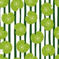 Seamless creative pattern with random green water lily ornament. Striped background. Hand drawn style. vector