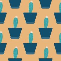 Cactus in pot seamless pattern. Doodle botanical exotic wallpaper. vector