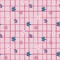 Bright summer seamless pattern with chamomile silhouettes. Pink background with check. Blue and white flowers. vector