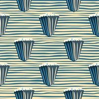 Abstract simple popcorn seamless pattern. Navy blue cinema snack ornament with stripped background. vector