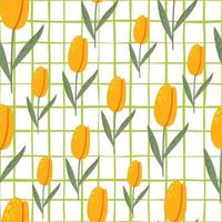 Random summer tulip seamless pattern. Flower yellow silhouettes on white chequered background. vector