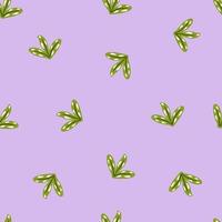 Minimalistic seamless pattern with green simple leaves shapes. Light purple background. Decorative print. vector