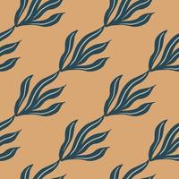 Pastel palette seamless pattern with simple doodle navy blue vintage leaves ornament. Beige background. vector