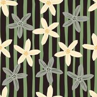 Exotic seamless pattern with random bloom flowers mandarin elements shapes. Green striped background. vector