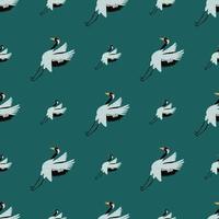 Seamless animal cartoon pattern with light crane bird print. Turquoise green background. Asian zoo hand drawn print. vector