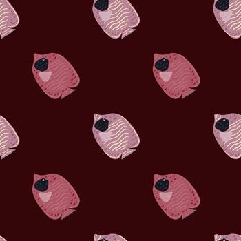 Exotic ocean zoo seamless pattern with lilac butterfly fish print. Dark maroon background. Simple design. vector