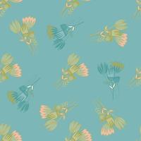Random seamless pattern with flowers outline silhouettes. Blue background with green, pink and blue botanic elements. Abstract design. vector