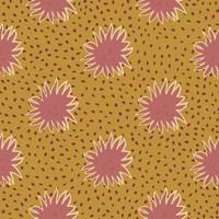 Sunshine cute faces seamless doodle pattern. Cartoon kids print in pale tones. Dark pink stars on ocher dotted background. vector