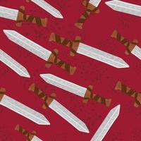 Seamless random horror war pattern with swords. Knife sillhouettes with blood red background and splashes. vector