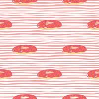 Simple seamless stylized sweet pattern with doodle donuts silhouettes. Pink bright food ornament on stripped background. vector