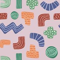 Doodle shapes vector seamless pattern on pink background. Zig zag, plus, minus, t symbol, line doodle shapes.