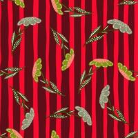 Seamless doodle pattern with random flowers silhouettes print. Red and maroon striped background. vector