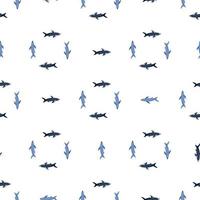 Isolated seamless pattern in geometric style with blue simple shark shapes. White background. vector