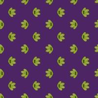 Abstract natural seamless pattern with green bright childish flowers elements. Purple background. Modern print. vector