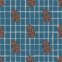 Cartoon brown architecture house doodle silhouette print. Blue chequered background. Simple design. vector