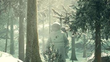 astronauta explorando floresta na neve video