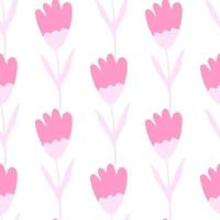 Pink tulip seamless pattern in doodle style on white background.Spring flower wallpaper. Floral backdrop. vector