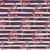 Pink blackberry branches seamless doodle pattern. Purple and grey striped background. vector
