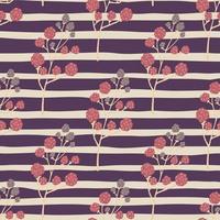 Pink blackberry branches seamless doodle pattern. Purple and grey striped background. vector