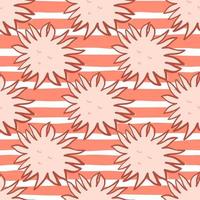 Light pink sun faces elements seamless doodle pattern. Striped background with white and coral lines. Baby tender print. vector