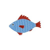 Fish isolated on white background. Cartoon cute blue and red color in doodle. vector