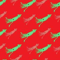 Contrast bright seamless pattern with green squids shapes. Red background. Nature wildlife print. vector