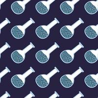 Blue colored flask seamless doodle pattern. Navy blue background. Chemical style print. vector