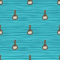 Flat bar liquid seamless pattern with minimalistic beige rum bottles shapes. Blue striped background. vector